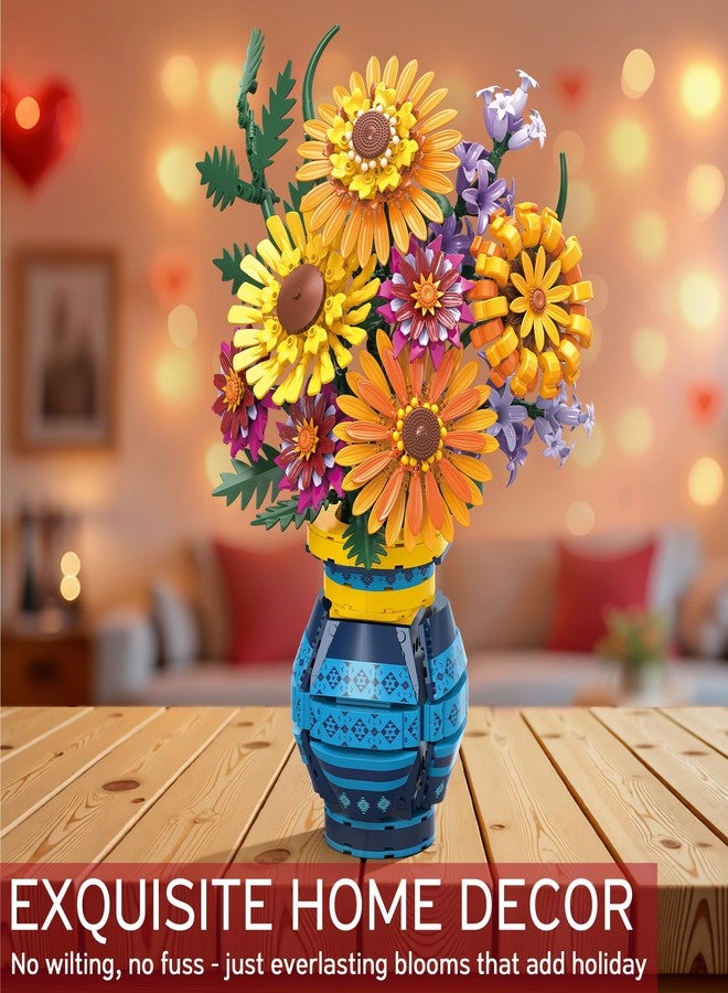 Asoulin Flower Bouquet Building Blocks Set with Vase, Valentines Day Gifts for Her Wife Him, 1065PCS Sunflower Botanical Collection Artificial Flower Birthday Gifts for Women Men Teen Girls Mom Teacher Adults - Image 4